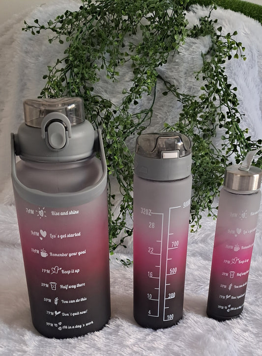 Sports Water Bottle Set - 3-Pack with 300ml, 900ml, and 2L Time Marker and Straw for Motivation